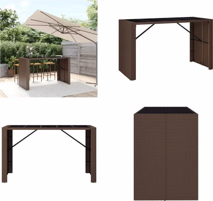 vidaXL Tavolo da bar con piano in vetro marrone 185x80x110 cm Poly Rattan - Tavolo da bar con piano in vetro - Tavoli da bar con piano in vetro - Tavolo da festa - Tavolo da bistrot