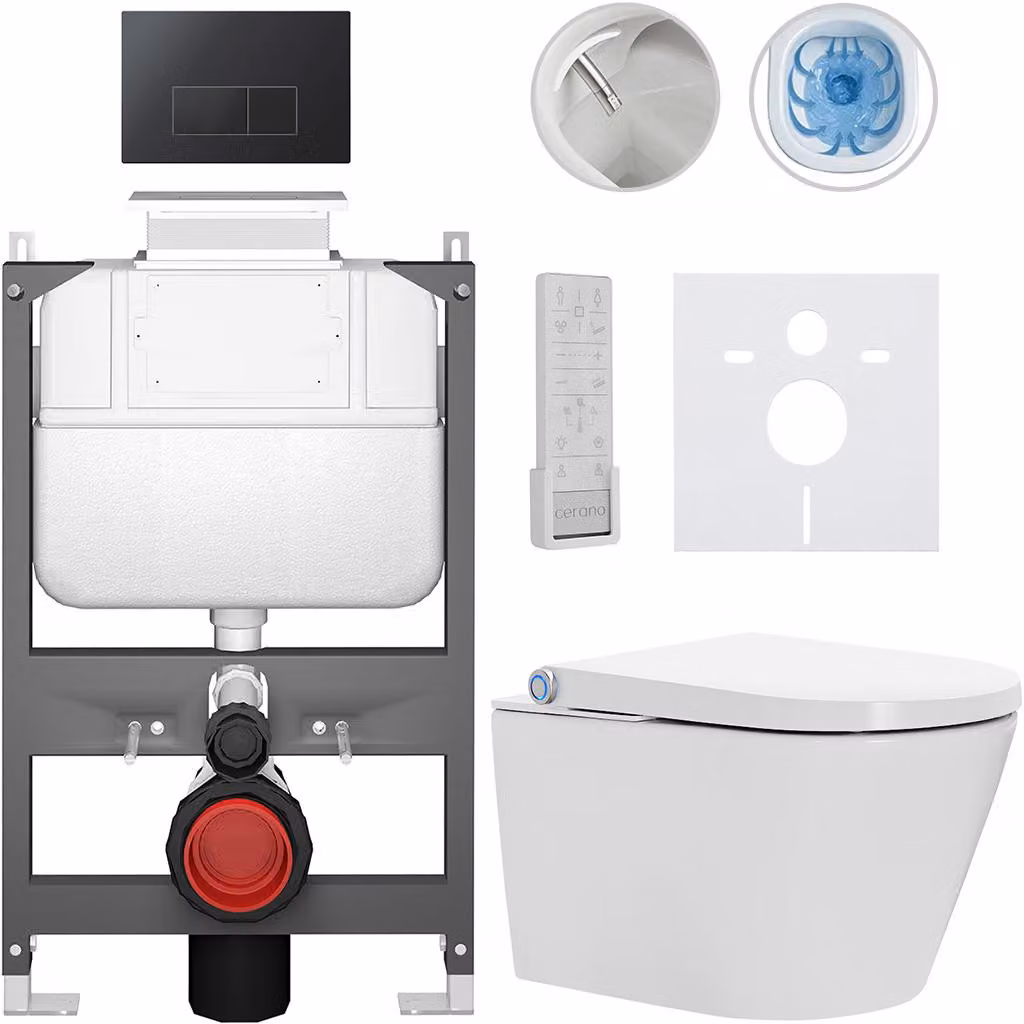 Water WC sospeso con bidet Basic/Cronus Premium - bianco lucido - pulsante WC Modulo/Nero - azionamento superiore - installazione a parete - 59,3x38,4 cm