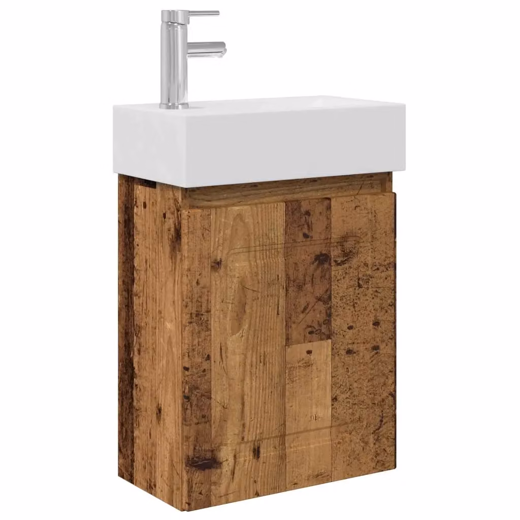 Mobile bagno sospeso vidaXL in legno e ceramica con rubinetto, colore bianco e marrone, L: 45,5 cm, P: 22,5 cm, H: 84 cm – 2