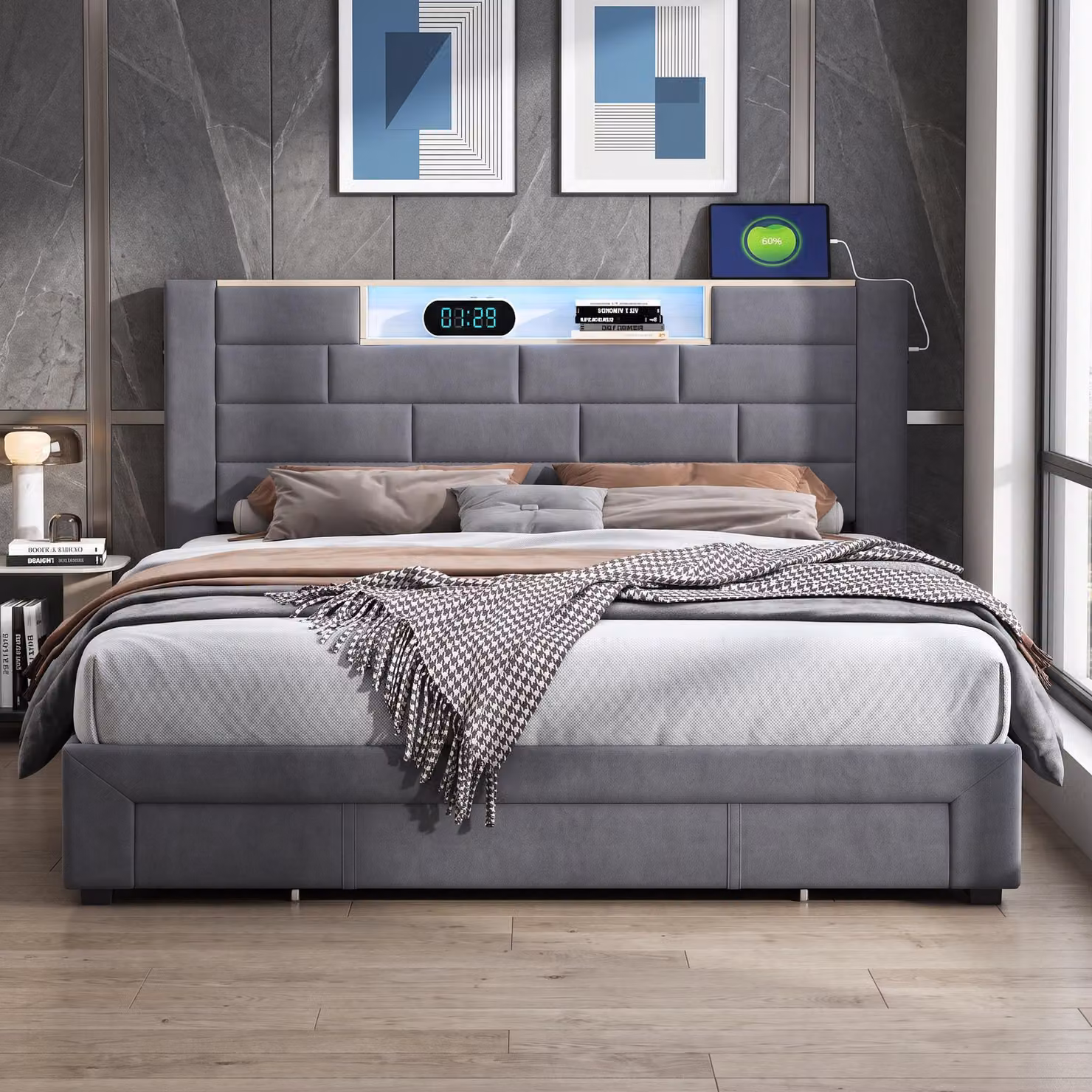 Letto imbottito INONEFT 140x200 cm con funzione di ricarica (USB e Tipo-C), letto per ragazzi/matrimoniale con 3 cassetti, letto contenitore con LED e rete a doghe, in velluto, colore grigio