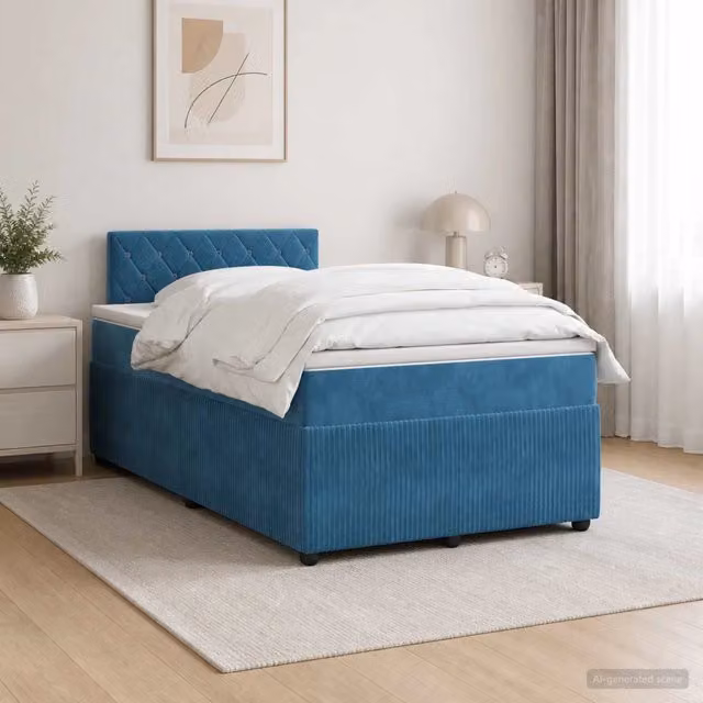 Letto box spring ibrido vidaXL in velluto blu con materasso a molle insacchettate e base contenitore L/P/H: 120 x 200 x 100,5 cm