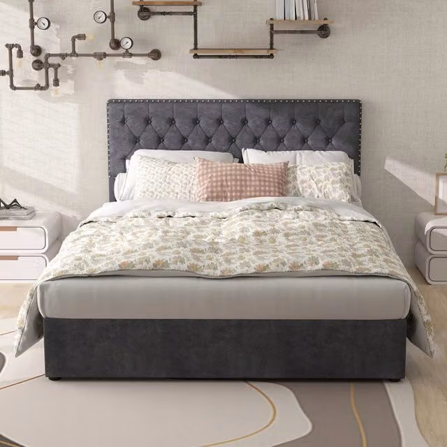 Letto imbottito 140x200 grigio - Xylo - Stelaio sollevabile