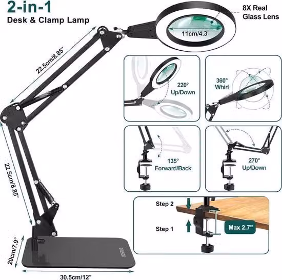 Lampada da scrivania 2-in-1 con lente d'ingrandimento LED e base in metallo, Touch Control con 3 modalità di colore regolabili, colore nero