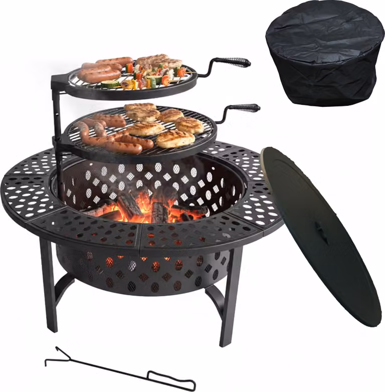 Braciere Relaxdays, Ø 92 cm, 2 griglie regolabili, coperchio, attizzatoio e copertura, braciere da giardino, nero