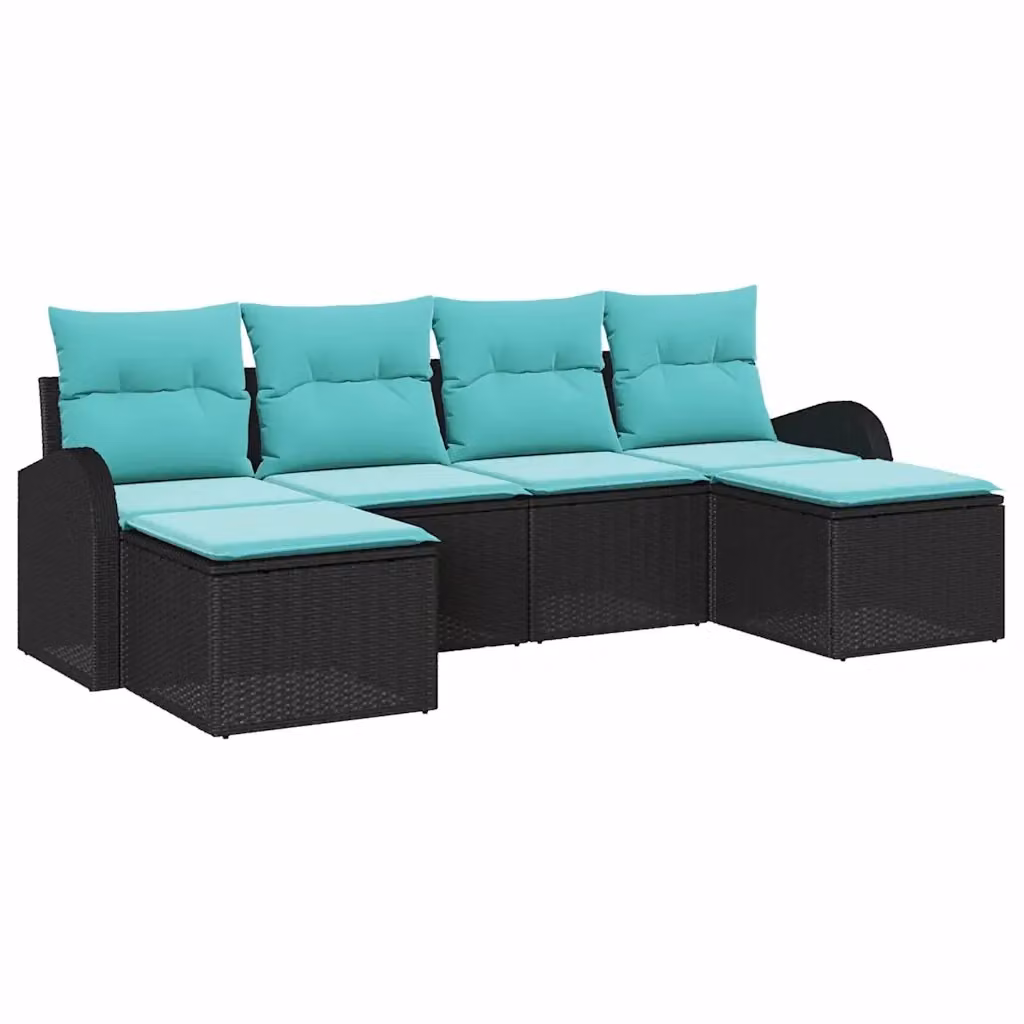 Set di divani da giardino a L con 6 pezzi vidaXL, colore nero e turchese, in rattan e metallo con cuscini inclusi – 2