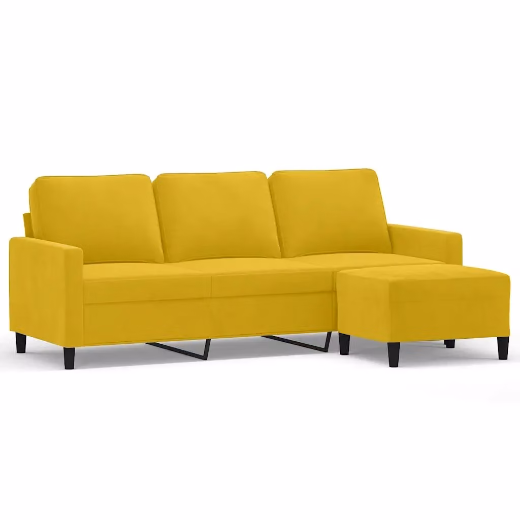 vidaXL Divano a 3 Posti con Poggiapiedi Giallo in Velluto Moderno L: 198 cm, P: 80 cm, H: 77 cm – 2