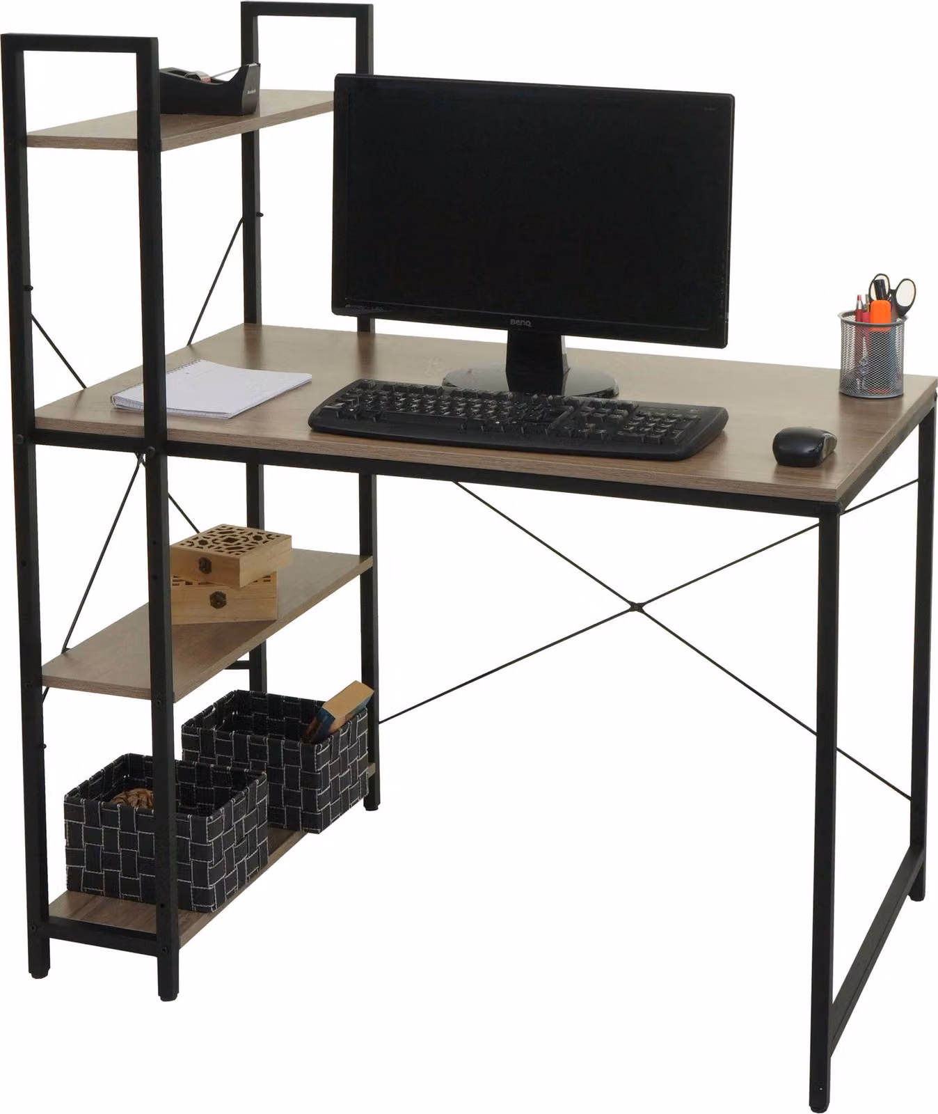 Scrivania con scaffale MCW-K81, tavolino per laptop, scrivania da ufficio, 100x60 cm, metallo e MDF ~ grigio-marrone