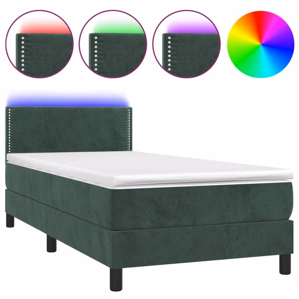 Letto a Molle con Materasso e LED Verde Scuro 80x200cm Velluto