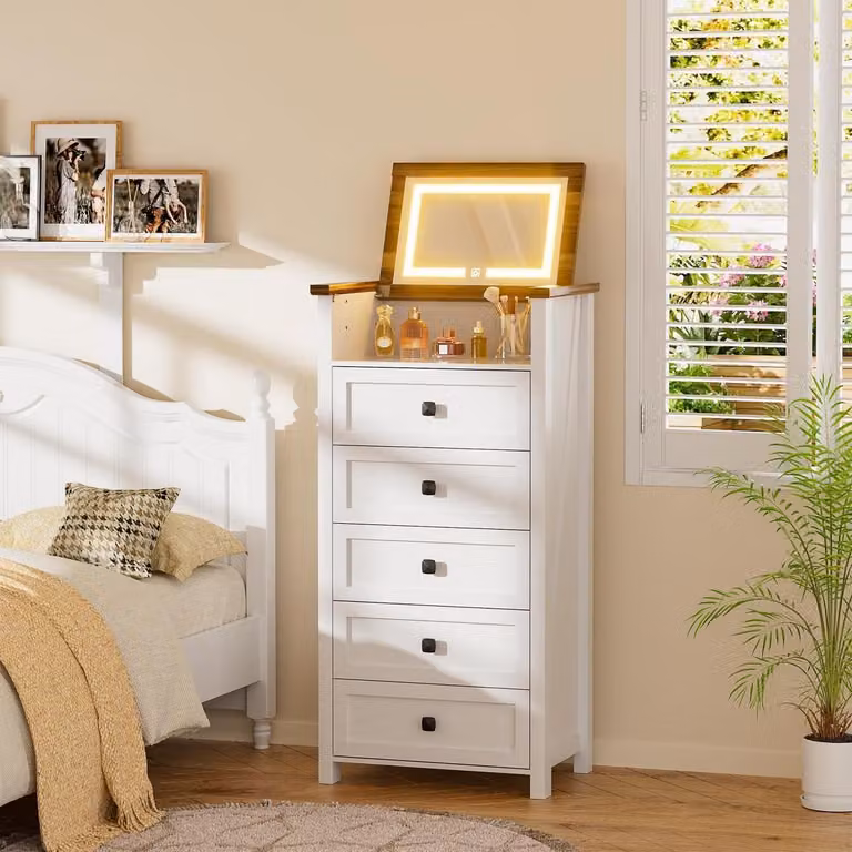 Comodino con 5 cassetti e specchio LED, bianco, 120x57x38,5 cm