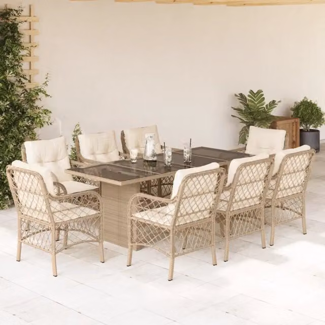 Set da pranzo da giardino vidaXL in polyrattan con piano in vetro e cuscini beige e bianchi, 9 pezzi