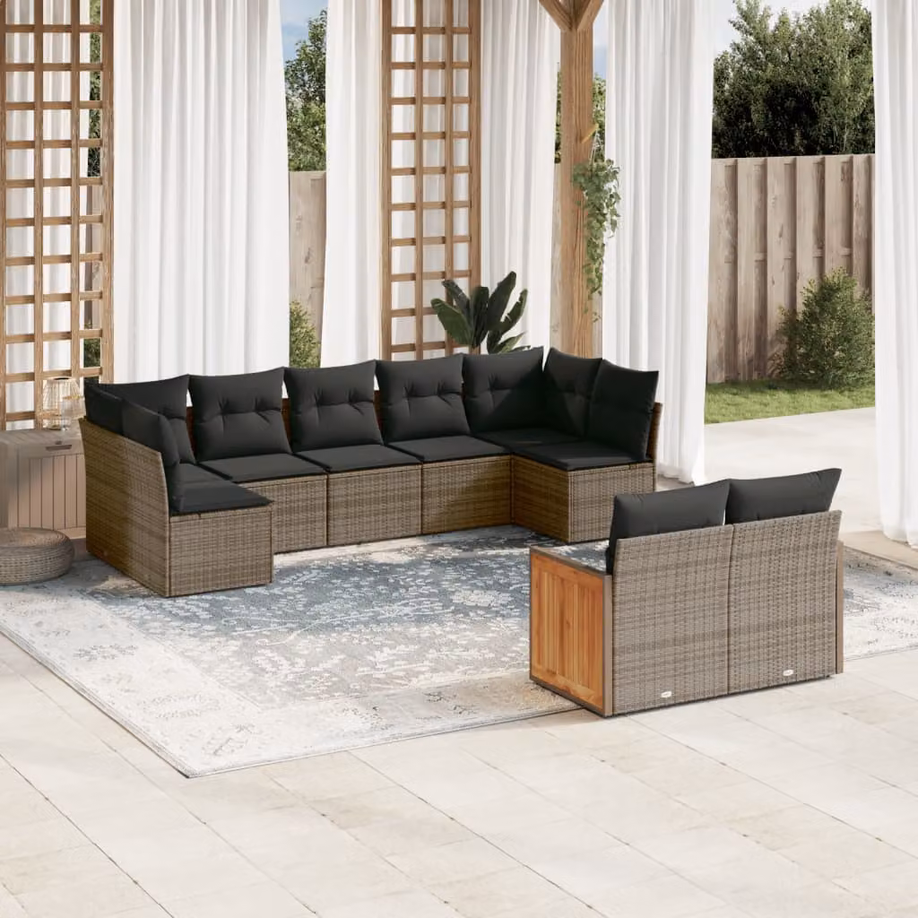 Set Divano da Giardino a L vidaXL 9 pz con Cuscini Grigio in Polyrattan e Struttura in Acciaio – 1