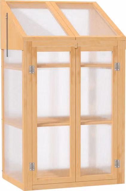 Mini Serra Outsunny in Legno e Policarbonato con 3 Ripiani e Doppia Porta, Marrone, L 70 cm x P 50 cm x H 120 cm