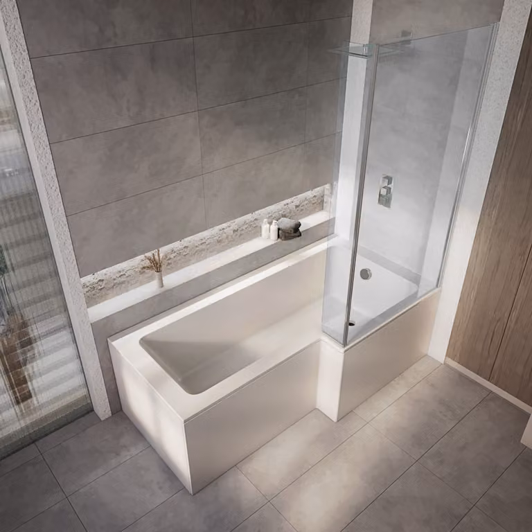 Vasca Asimmetrica con Doccia 1700x850mm Parete Cromata - Pannello Frontale/Laterale Entrata Destra - Sandford