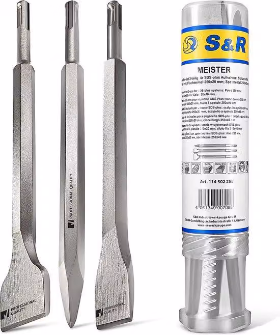 Set di scalpelli professionali Unyqoos®, 3 pezzi, sistema SDS-plus – utilizzo universale, acciaio trattato termicamente, 250 mm (lama piatta 20 mm / lama a pala 40 mm / punta 20 mm)