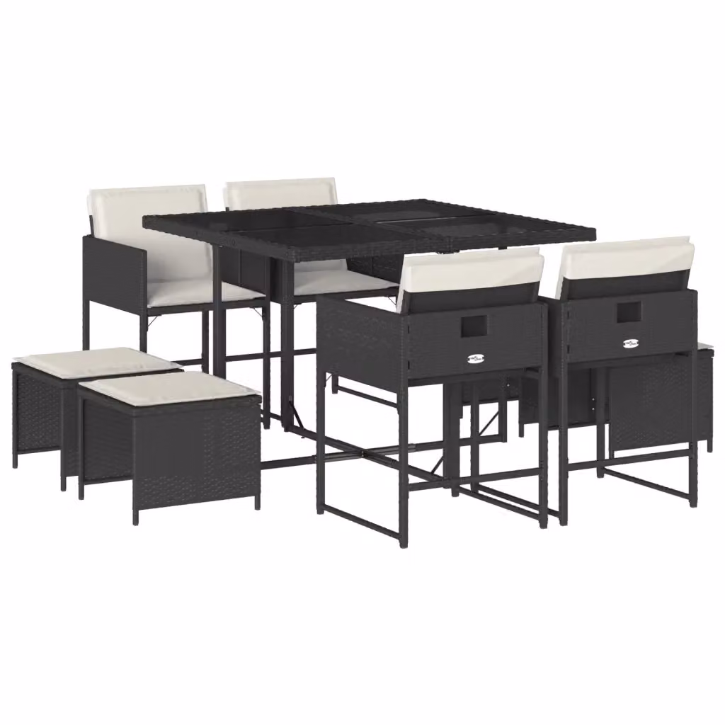 vidaXL Set da Pranzo da Giardino 9 pz in Polyrattan Nero con Cuscini e Tavolo in Vetro – 2