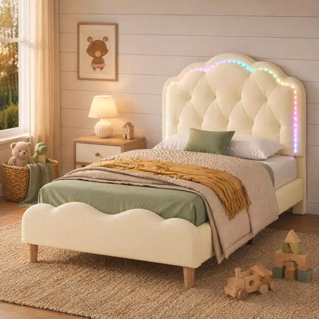 Letto singolo Mivray con testiera ondulata imbottita, illuminazione LED multicolore e rete a doghe, colore beige, L/P/H: 90 x 200 x 107,5 cm