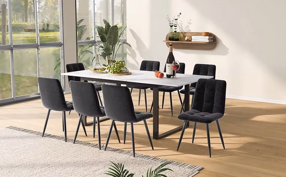 Set tavolo da pranzo estensibile MIVRAY con 8 sedie imbottite, piano in MDF bianco lucido e gambe in metallo – 2