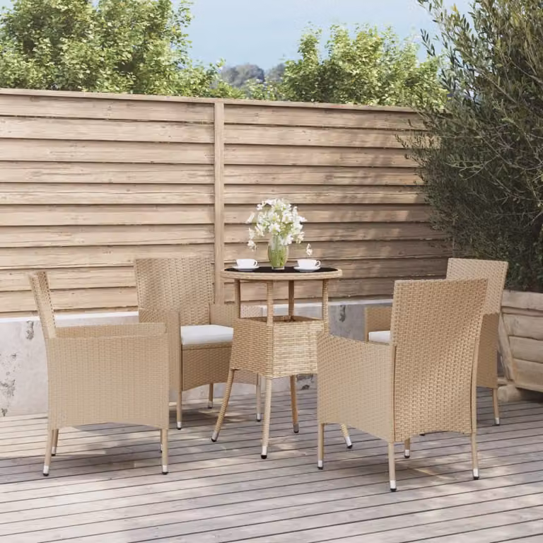 Set da Bistrò da Giardino vidaXL in Polyrattan con Cuscini Beige e Tavolo in Vetro, 5 Pezzi