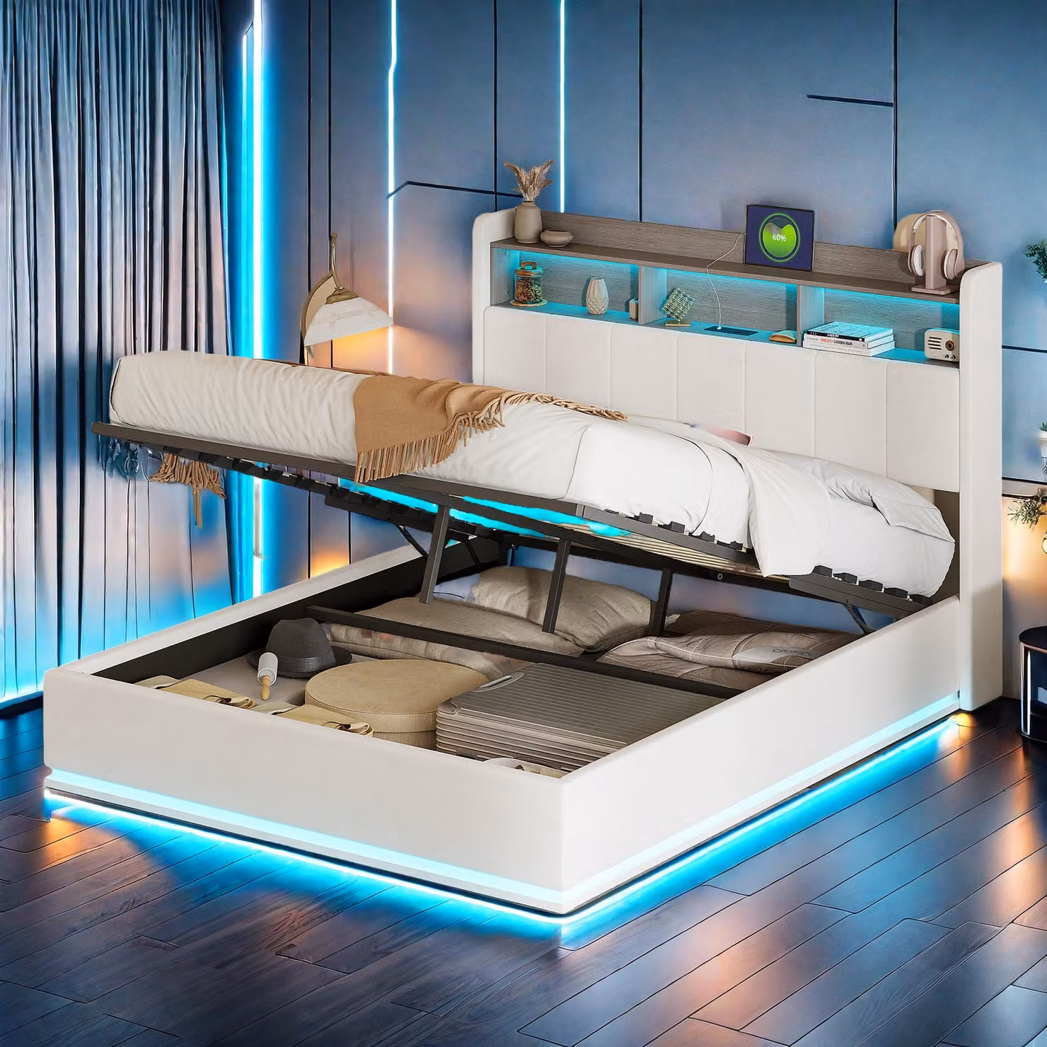 Letto imbottito 140x200cm con USB e prese di corrente, letto per ragazzi letto matrimoniale con LED/tipo C, letto contenitore letto in legno letto funzionale con testata contenitore