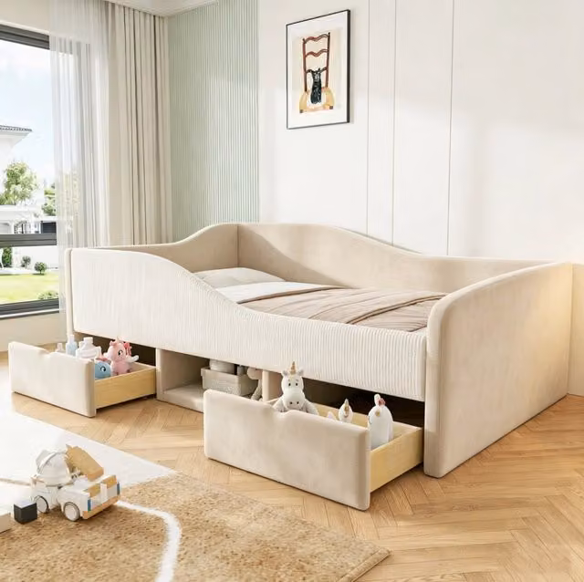 Letto imbottito per bambini 90 x 190 cm con 2 cassetti e sponde; velluto beige