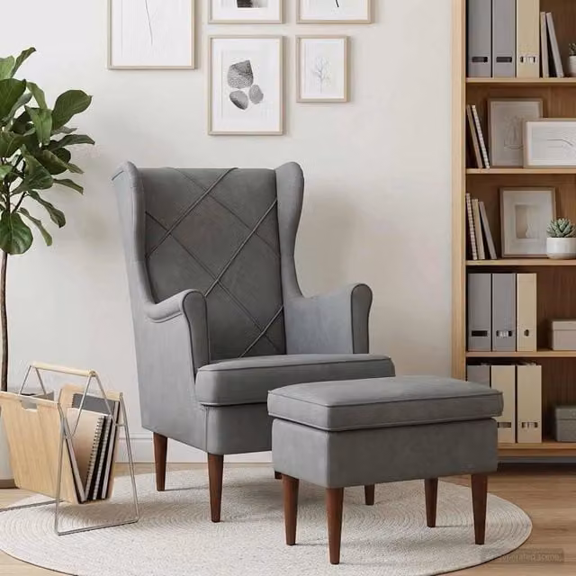 Set di Poltrona con Ottoman vidaXL in Velluto Grigio con Braccioli e Struttura in Legno e Metallo – 1