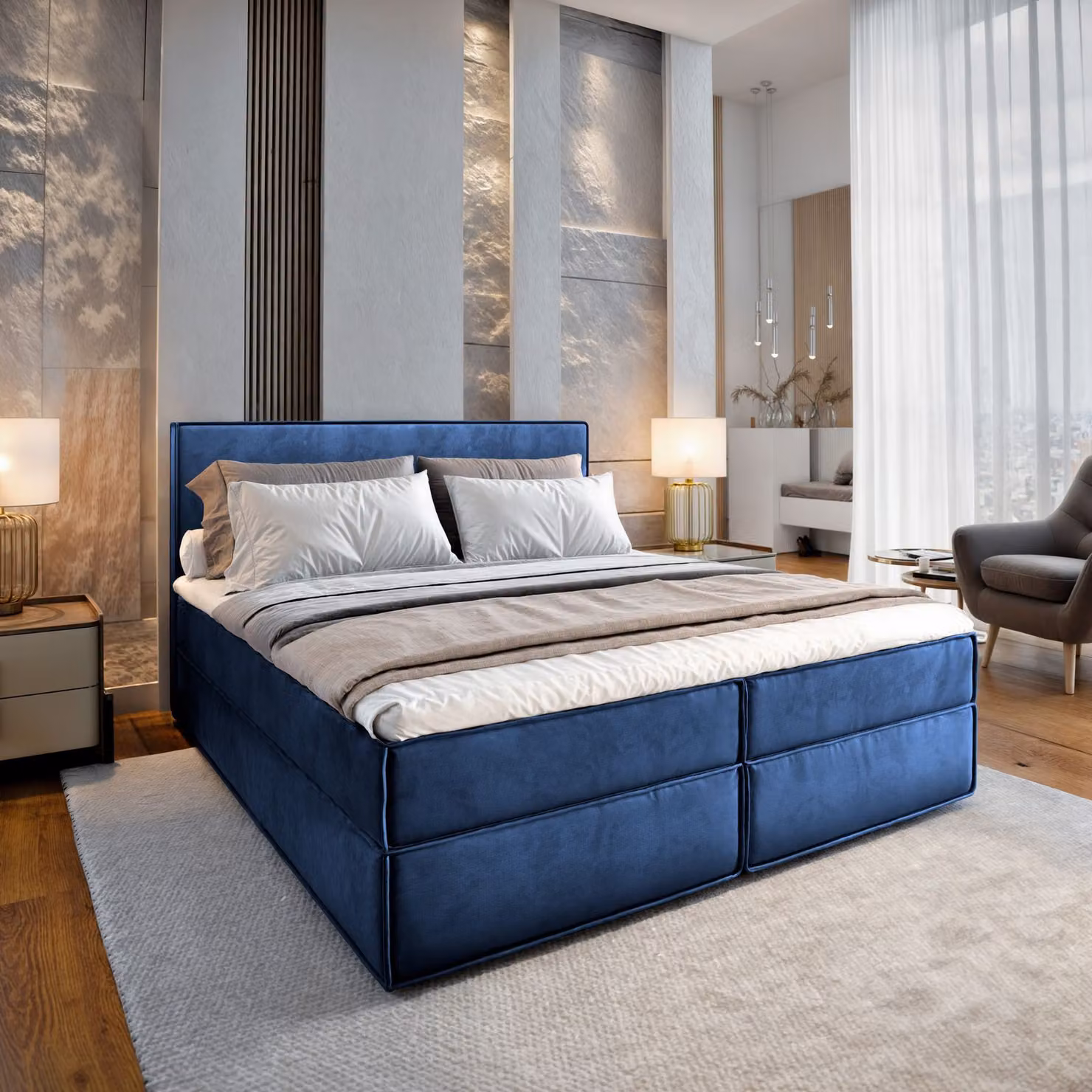 Letto a molle Masseno PELLIO 160x200 cm completo di materasso e topper Bonell, letto imbottito con cassettiera - blu, MONOLITH 77