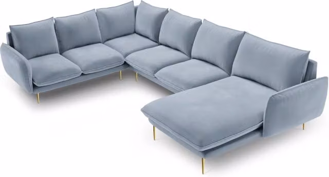 Divano panoramico sinistro Vienna da 7 posti Cosmopolitan Design in velluto azzurro L/P/H: 330 x 158 x 95 cm