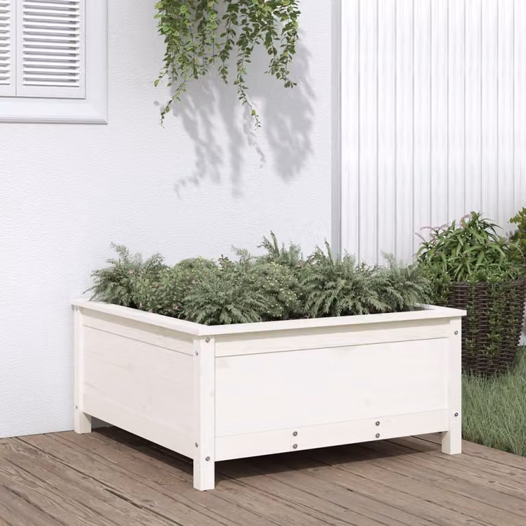 Fioriera da giardino vidaXL in legno di pino massello, colore bianco, L: 82,5 cm, P: 82,5 cm, H: 39 cm