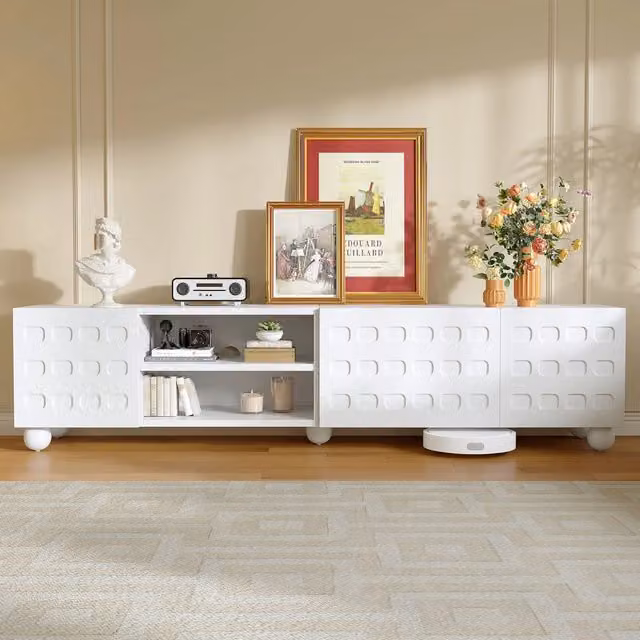 Mobile TV WISHDOR bianco con 3 ante e vano semichiuso, adatto a TV fino a 80 pollici, L/P/H: 200 x 40 x 44 cm