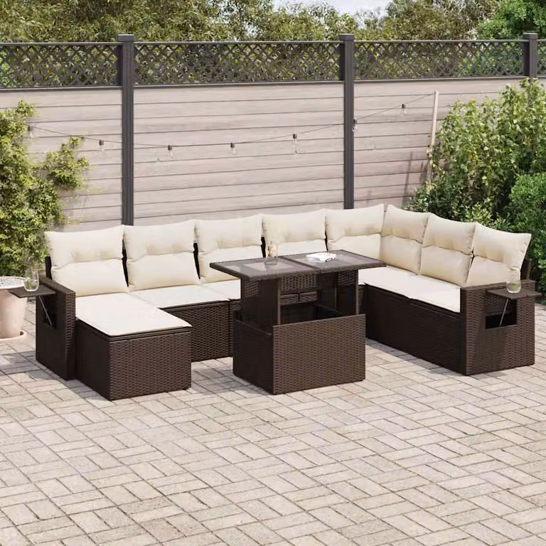 Set di Divani da Giardino vidaXL 9 Pezzi a Forma di L con Cuscini Marrone e Bianco in Polyrattan e Acciaio