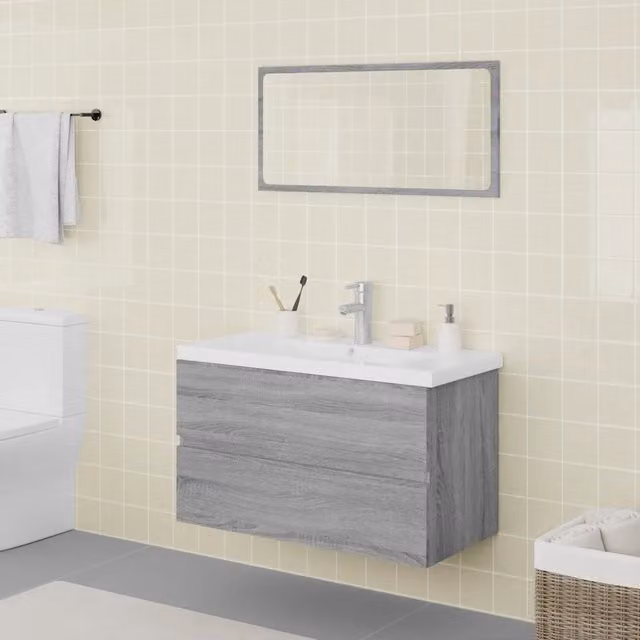 Set moderno da bagno vidaXL composto da mobile lavabo e armadietto con specchio in bianco e grigio, montaggio a parete, L: 80 cm, P: 39,5 cm, H: 45 cm