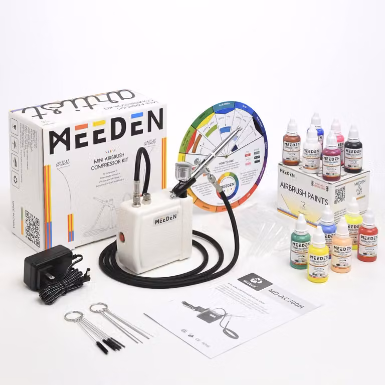 Kit per aerografo completo di compressore, con 12 colori, ago da 0,5 mm e becher da 0,7 cc