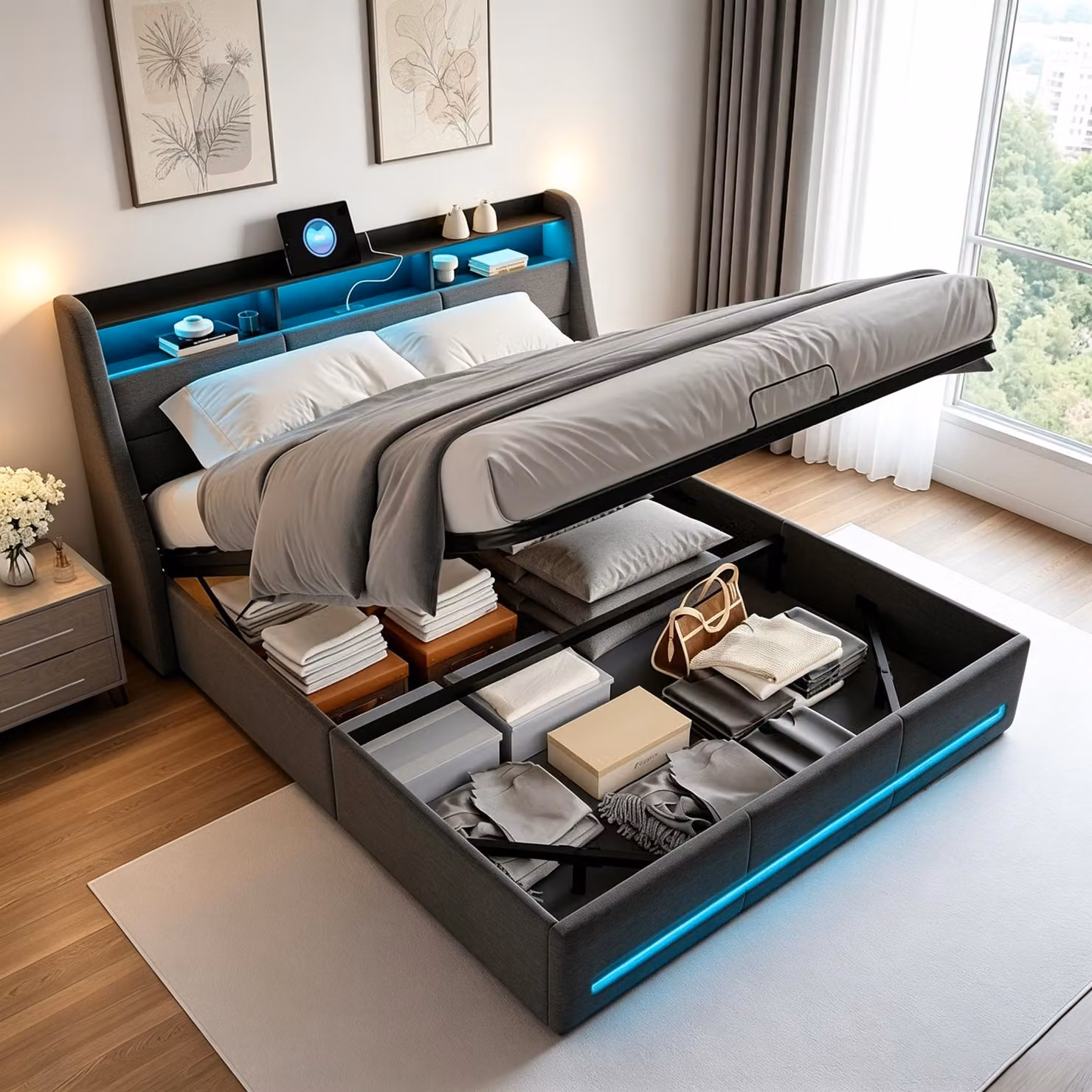 Letto imbottito INONEFT, 160 x 200 cm, letto a molle con sistema di sollevamento idraulico e spazio contenitore, letto matrimoniale con LED e USB, letto per ragazzi, letto con spazio contenitore, tessuto in lino, colore grigio