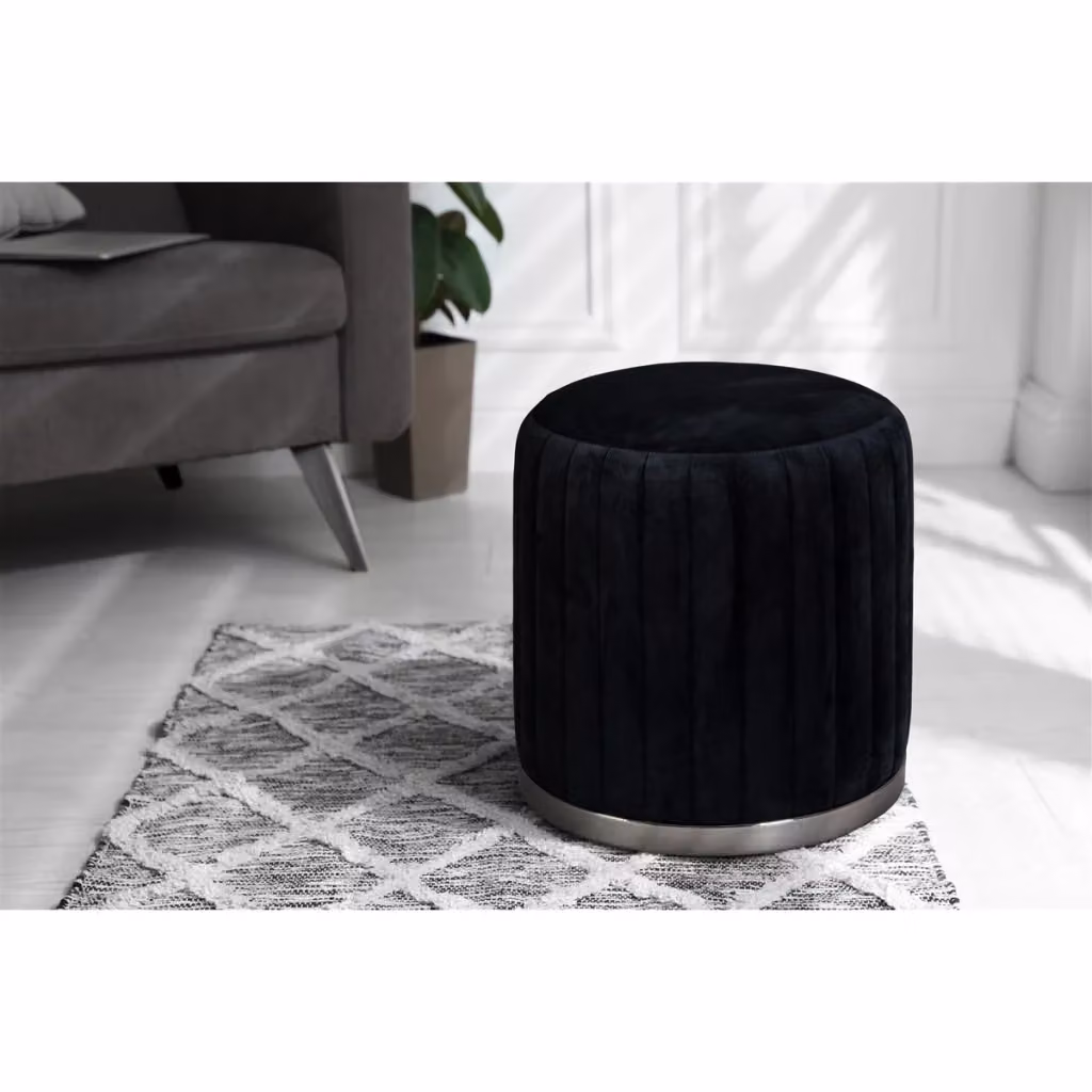 Pouf cilindrico industriale KENDRA HOME in tessuto nero e base in metallo grigio opaco L: 58 cm, P: 58 cm, H: 40 cm – 2