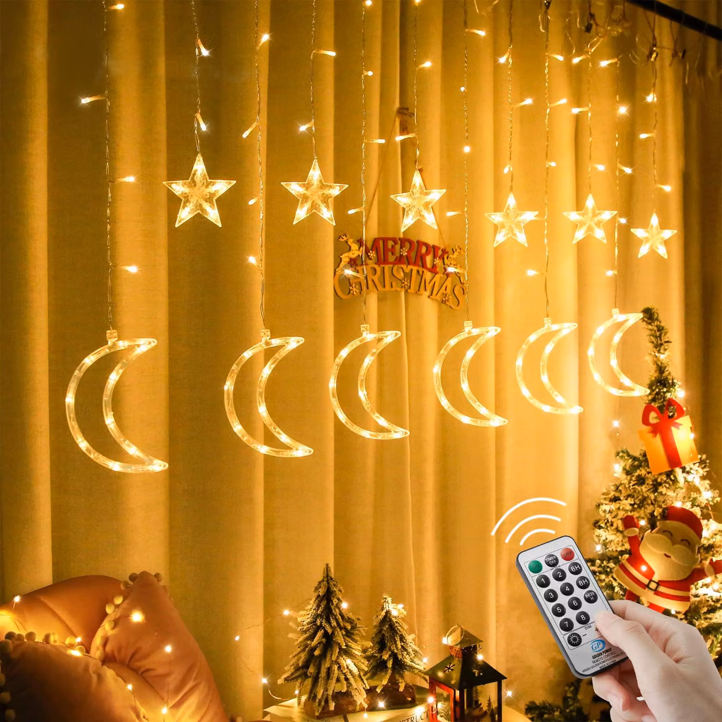 Illuminazione a LED per tende, modello 138, 8 modalità, motivo stelle e luna, luce bianco caldo