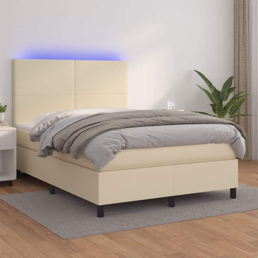 vidaXL Letto Ibrido con Materasso, Illuminazione LED Sotto il Letto e Porta USB, Beige e Bianco, 140 x 190 cm