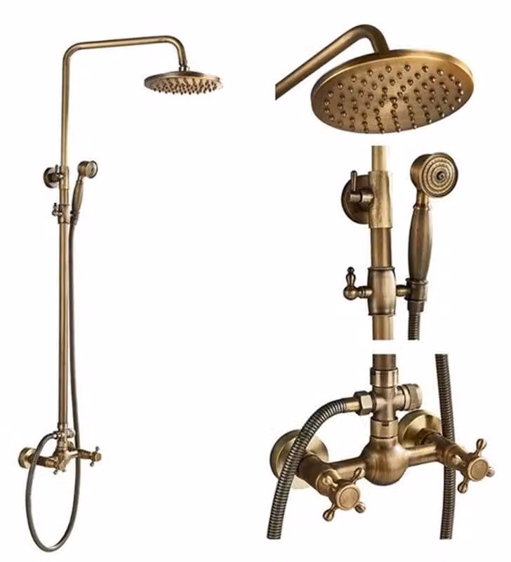 Set doccia per vasca - Miscelatore doccia classico - Doccia a pioggia da 20 cm - Altezza regolabile da 70 a 120 cm - Miscelatore a due maniglie per acqua calda/fredda - Doccetta manuale - Ottone anticato
