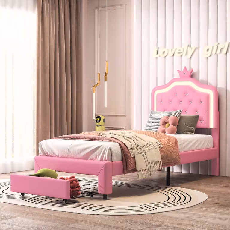 Letto imbottito 90x200cm, letto per bambini con cassetti, letto per ragazzi con rete a doghe, letto singolo in legno con LED, PU, rosa