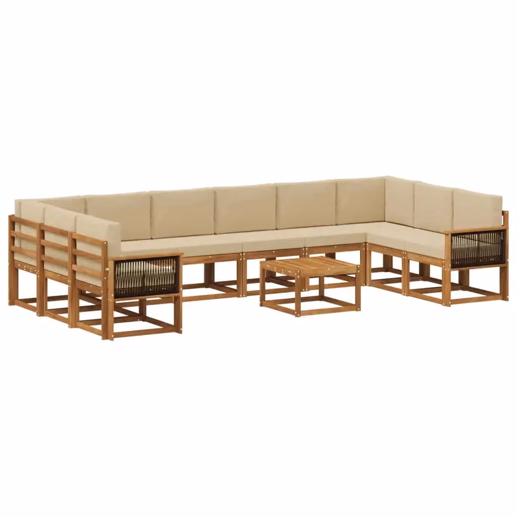 Set di divani da esterno vidaXL in legno di acacia con cuscini, colore beige e marrone, 11 pezzi – 2