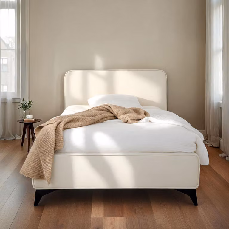 Letto imbottito LAVORO, modello a una piazza, 90x200 cm, color crema - Letto completo di rete e rivestito in tessuto vellutato, struttura con testiera imbottita, design moderno, robusta struttura in legno e gambe in metallo