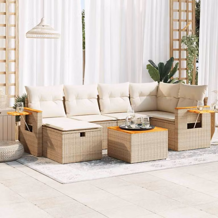 Set Divani da Giardino vidaXL 7 pz a Forma a L con Cuscini Beige e Struttura in Polyrattan e Legno di Acacia