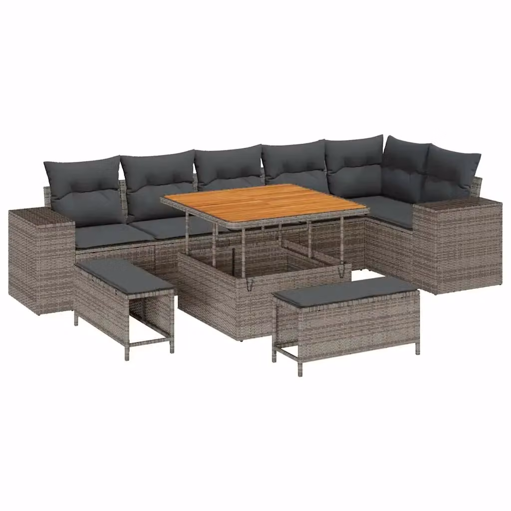 Set Divano da Giardino vidaXL 9 Pezzi Grigio con Cuscini e Tavolino in Polyrattan e Acciaio – 2