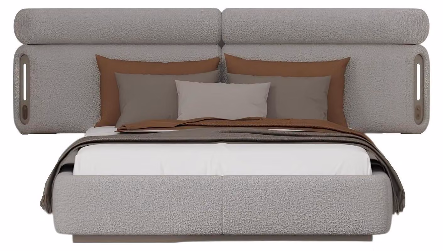 Letto in stile moderno, beige, morbido, con imbottitura soffice e struttura in legno