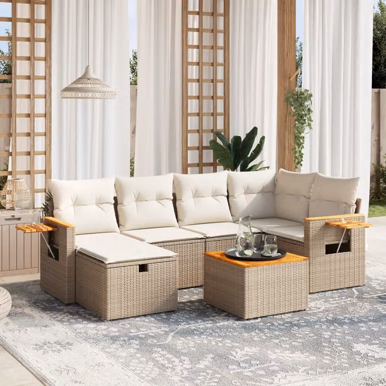 vidaXL Set Divani da Giardino 7 pz a L con Cuscini Beige e Struttura in Metallo e Polyrattan