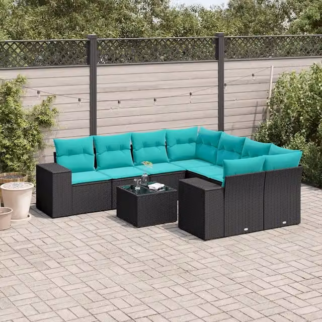 Set da giardino moderno vidaXL composto da 9 pezzi con divani a L, elementi angolari, divano a 3 posti e tavolino da caffè, in rattan con struttura in metallo e cuscini imbottiti con rivestimenti rimovibili, colore nero