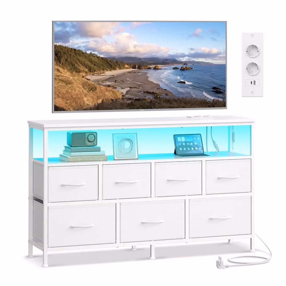 BELLAH Collezione - Cassettiera industriale con LED regolabile e prese integrate, Bianco Nuvola / 30 x 113,8 x 68,1 cm