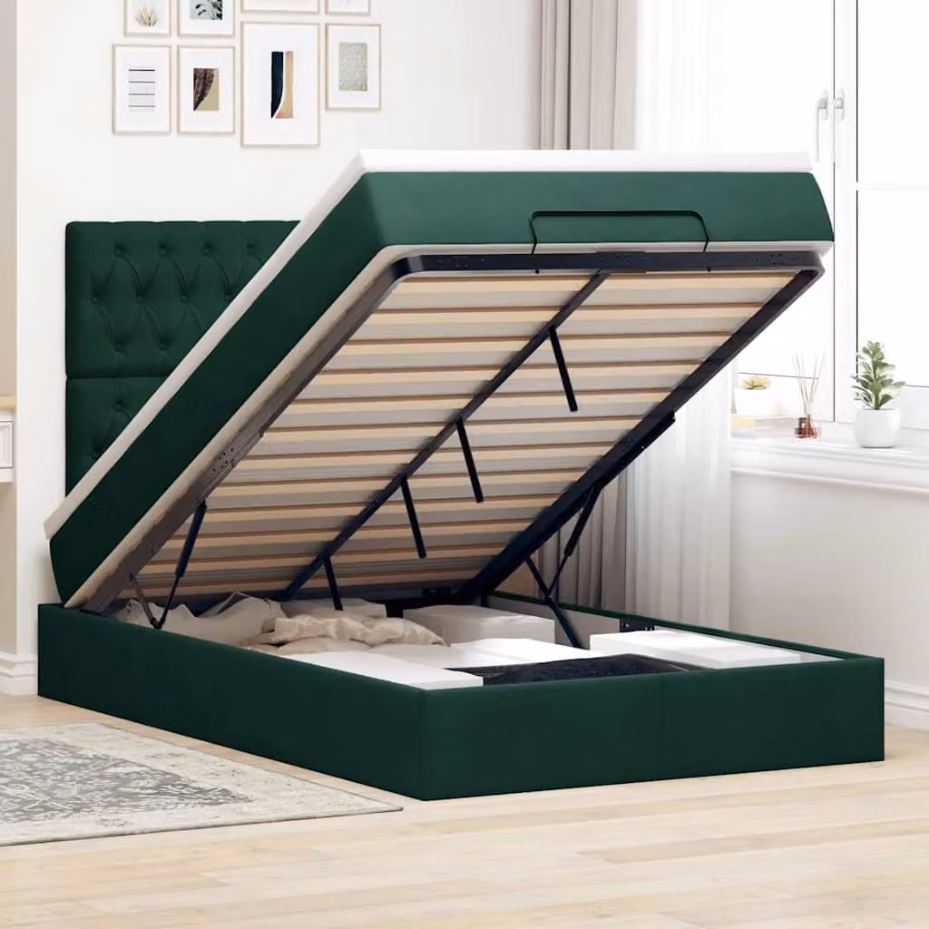Letto con contenitore e pouf vidaXL in velluto verde e bianco, L/P/H: 203 x 120 x 128 cm