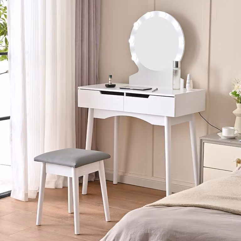 Tavolino da trucco Laura con sgabello, 8 lampade a LED, legno bianco, 80x40x130 cm