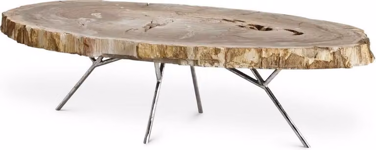 Tavolino Casa Padrino colori naturali / argento 115 x 68 x h. 35 cm - Nobile tavolino da salotto con piano in legno pietrificato e gambe in acciaio inox - Mobili da salotto