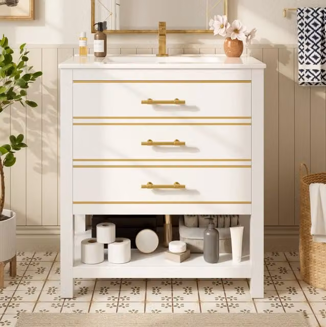Mobile bagno bianco con lavabo in ceramica, 2 cassetti e ripiano aperto, struttura MDF verniciata, maniglie dorate, larghezza 76 cm
